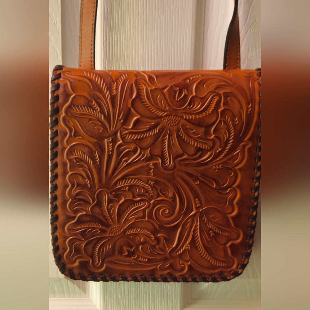 Patricia Nash Granada Warm Brown Tooled Leather Floral Embossed Crossbody Bag